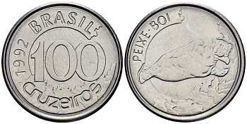 БРАЗИЛИЯ 100 КРУЗЕЙРО 1992 РЕФОРМА (1990-1993), МОРСКАЯ ЧЕРЕПАХА KM 623 нержавеющая сталь 4516-525