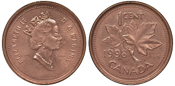 Канада 1 цент 1998 кленовый лист, Елизавета II (1952-) KM 289 сталь плакированная медью UNC 4128-457