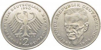 ФРГ 2 МАРКИ 1990 F, КУРТ ШУМАХЕР KM 149, J. 424 медно-никель плакированный никелем 3856-415