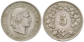Швейцария 5 раппенов 1879 B KM 26 медно-никель 4189-944