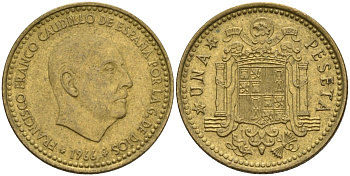 Испания 1 песета 1966 (69) Франсиско Франко (1939 - 1975) KM 796 алюминиевая бронза 4155-353