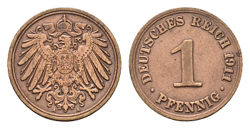 Германия 1 пфенниг 1911 A, Вильгельм II (1888-1918) KM 10, J. 10 медь 4630-669