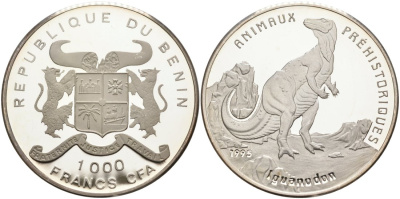 Бенин 1000 франков 1995 игуанодон KM 28 серебро PROOF 00-00