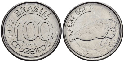 БРАЗИЛИЯ 100 КРУЗЕЙРО 1992 РЕФОРМА (1990-1993), МОРСКАЯ ЧЕРЕПАХА KM 623 нержавеющая сталь 4516-525