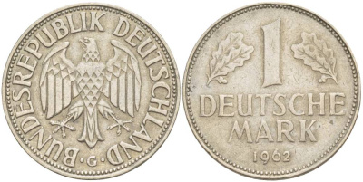 ФРГ 1 МАРКА 1962 G KM 110, J. 385 медно-никель 4551-1245