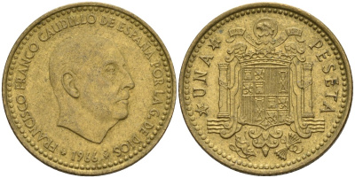 Испания 1 песета 1966 (69) Франсиско Франко (1939 - 1975) KM 796 алюминиевая бронза 4155-353