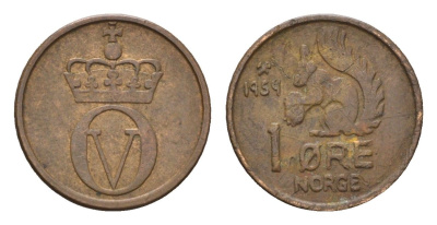 Норвегия 1 эре 1959 Улаф V (1957-1991) KM 403 бронза 4702-536