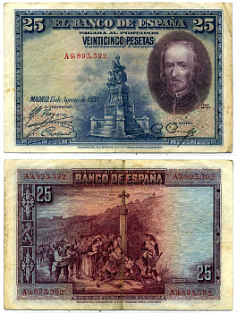 Испания 25 песет 1928 Педро Кальдерон де ля Барка, серия А8 Pick 74b бумага 8564-28-3-2