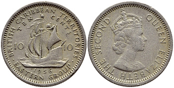 Британские Восточно-Карибские территории 10 центов 1956 Елизавета II (1952-2022), парусник KM 5 медно-никель 4387-339