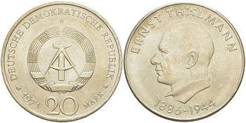 ГДР 20 марок 1971 A, 85 лет со дня рождения Эрнста Тельмана KM 34, J. 1535 медно-никель 4521-342