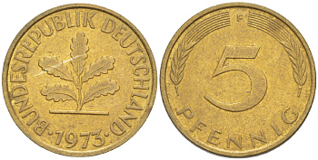 ФРГ 5 ПФЕННИГОВ 1973 F KM 107, J. 382 сталь плакированная латунью 4181-939