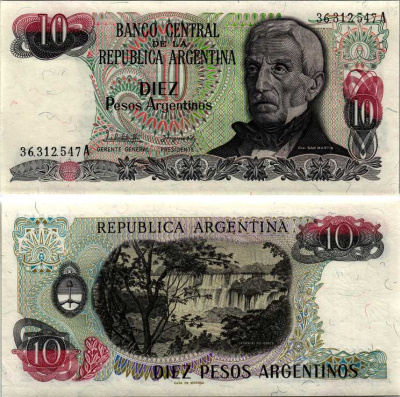 АРГЕНТИНА 10 ПЕСО 1983 СЕРИЯ А 36312, ГЕНЕРАЛ САН МАРТИ Pick 313а, Bottero 2611 бумага UNC (ПРЕСС) 6352-20-3-2