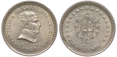 Уругвай 25 сентесимо 1960 KM 40 медно-никель 4580-836
