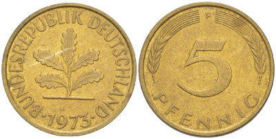 ФРГ 5 ПФЕННИГОВ 1973 F KM 107, J. 382 сталь плакированная латунью 4181-939