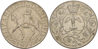 Великобритания 25 пенсов 1977 25 лет со дня коронации Елизаветы, Елизавета II (1952-2022) KM 894, Spink 4136 медно-никель  UNC  4578-523
