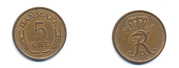 ДАНИЯ 5 ЭРЕ 1964 C; S, ФРЕДЕРИК IX (1947-1972) KM 848.1 бронза 4379-1015