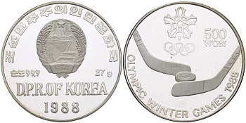 КНДР (Северная Корея) 500 вонов 1988 Зимние Олимпийские игры 1988 года в Калагари, хоккей на льду, две клюшки и шайба KM 16 серебро  PROOF  02-108-45