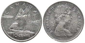 КАНАДА 10 ЦЕНТОВ 1968 ЕЛИЗАВЕТА II, ПАРУСНИК KM 73 никель 73-1723