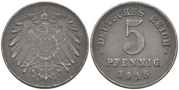 ГЕРМАНИЯ 5 ПФЕННИГОВ 1918 J KM 19, J. 297 железо 105-861
