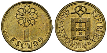 Португалия 1 эскудо 1992 KM 631 никель латунь 4164-1068