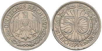 Германия 50 рейхспфеннигов 1927 A KM 49, J. 324 никель 46-953