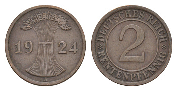 Германия 2 рентенпфеннига 1924 A KM 31, J.307, Weege 3 медь 4639-1233
