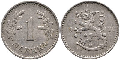 ФИНЛЯНДИЯ 1 МАРКА 1930 S KM 30 медно-никель 4388-957