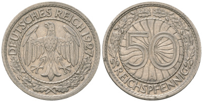 Германия 50 рейхспфеннигов 1927 A KM 49, J. 324 никель 46-953