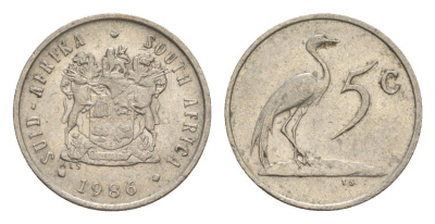 ЮАР 5 центов 1986 герб, райский журавль KM 84 никель 4621-253