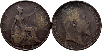 Великобритания 1 пенни 1906 Эдуард VII (1901-1910) KM 794.2, Spink 3990 бронза 540-431
