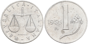 Италия 1 лира 1955 R, весы KM 91 алюминий  UNC  4594-137
