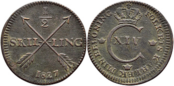 Швеция 1/2 скиллинга 1827 Карл XIV Юхан (1818-1844), SKIL-LING KM 596 медь 00-00