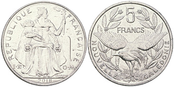 Французская Новая Каледония 5 франков 2018 птица кагу, (IEOM) KM 16, Schoen 12, Lec 81k алюминий 4120-136