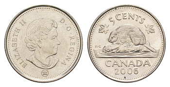 Канада 5 центов 2006 Leaf, Елизавета II (1952-2022), бобр KM 491 сталь плакированная никелем UNC 4630-762