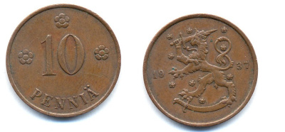 Финляндия 10 пенни 1937 KM 24 медь 51-5626