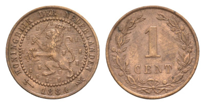 Нидерланды 1 цент 1884 Виллем III (1849-1890) KM 107 бронза 71-956