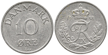 ДАНИЯ 10 ЭРЕ 1958 C; S, ФРЕДЕРИК IX (1947-1972) КМ 841.2 медно-никель 100-1138