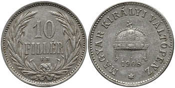 Венгрия 10 филлеров 1908 KB, Франц Иосиф I (1848-1916) KM 482 никель 4396-132