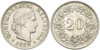 ШВЕЙЦАРИЯ 20 РАППЕНОВ 1959 В KM 29а медно-никель 4511-922