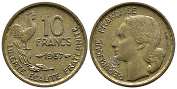 ФРАНЦИЯ 10 ФРАНКОВ 1957 KM 915.1, LE FRANC 363.13 алюминиевая бронза 51-944