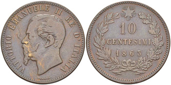 ИТАЛИЯ 10 ЧЕНТЕЗИМО 1863 МОНДВОР ПАРИЖ, ВИКТОР ЭММАНУИЛ II (1861-1878) KM 11.2 медь 4526-724