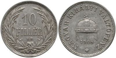 Венгрия 10 филлеров 1908 KB, Франц Иосиф I (1848-1916) KM 482 никель 4396-132