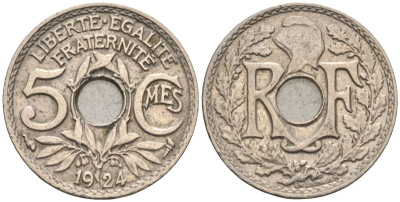 Франция 5 сантимов 1924 тип Lindauer KM 875, Le Franc 122.8 медно-никель 4115-525