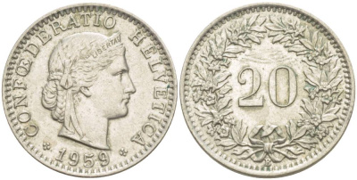 ШВЕЙЦАРИЯ 20 РАППЕНОВ 1959 В KM 29а медно-никель 4511-922