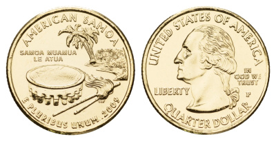 США 25 центов (квотер, 1/4 доллара) 2009 серия штаты США, Американский Самоа KM 448 медь плакированная золотом UNC 1084-7-61