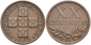Португалия 20 сентаво 1965 KM 584 бронза 4588-449