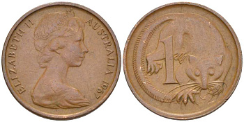 Австралия 1 цент 1967 Елизавета II (1953-), молодой портрет, опоссум KM 62 бронза 100-722