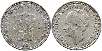 Нидерланды 1/2 гульдена 1922 Вильгельмина I (1890-1948) KM 160 серебро 4388-1253