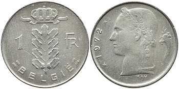 БЕЛЬГИЯ 1 ФРАНК 1972 BELGIE KM 143.1 медно-никель 4385-1041