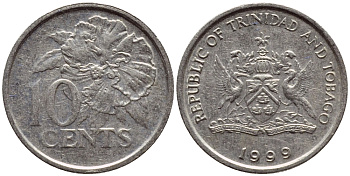 Тринидад и Тобаго 10 центов 1999 цветок гибискуса KM 31 медно-никель 4396-917